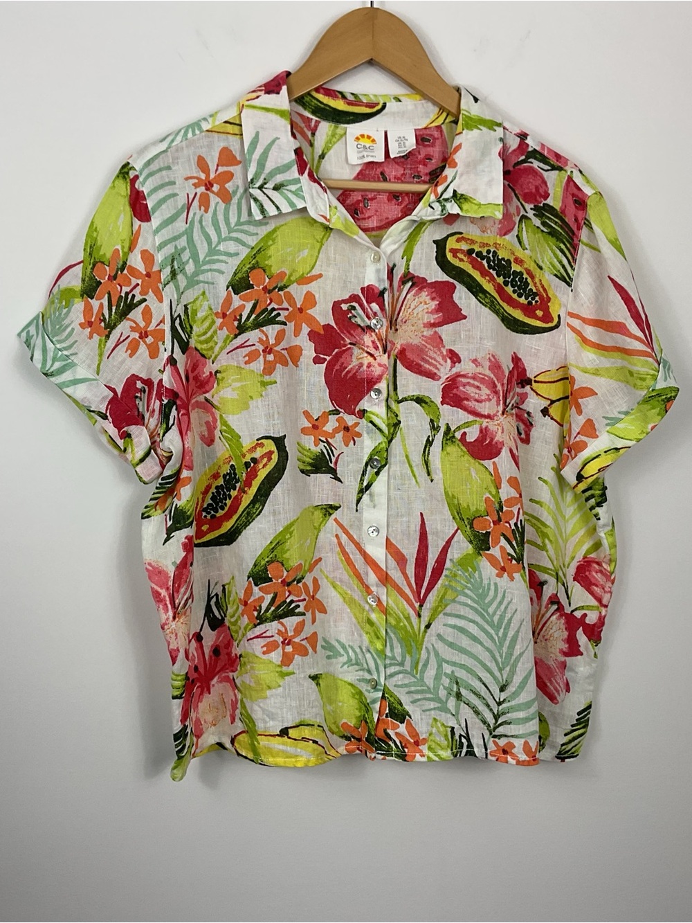 C&C California Fruit Floral Linen Button Down Boxy Top Womens Size XL